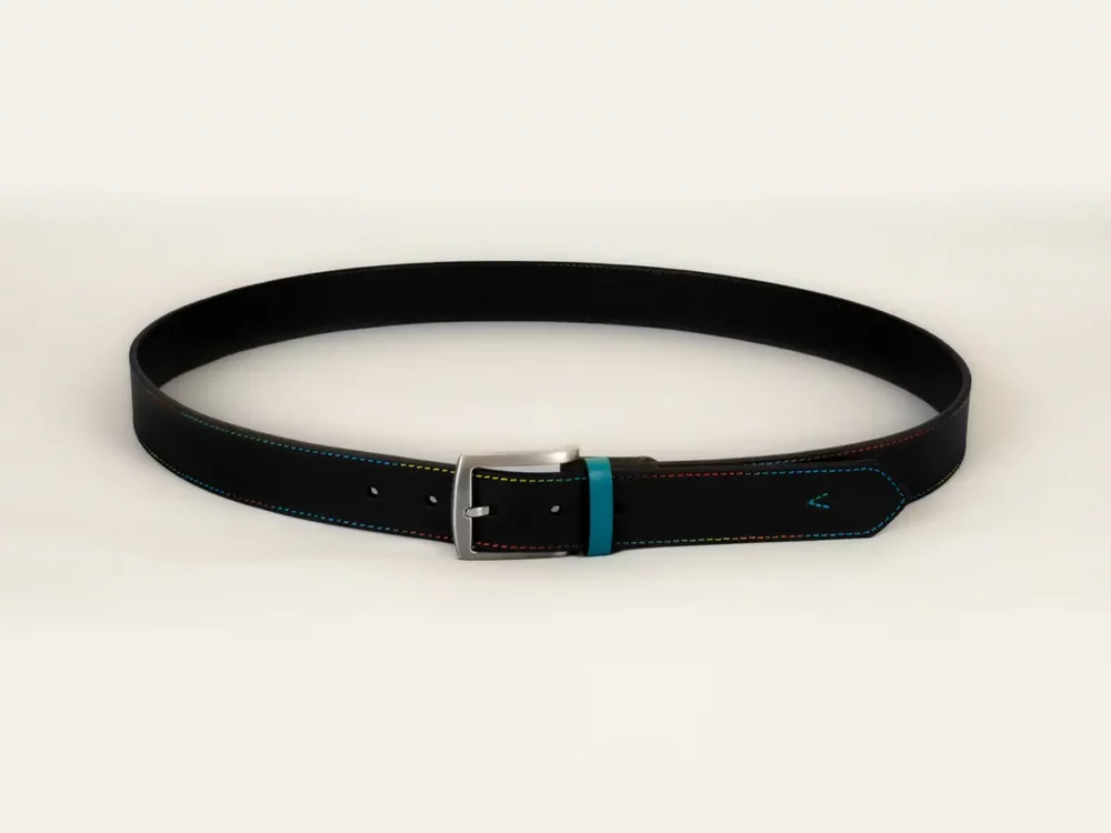 ceinture, ceinture cuir, cuir noir, atypique, cuir de vachette, ceinture en cuir noire, aparté, artisan créateur, coutures colorées
